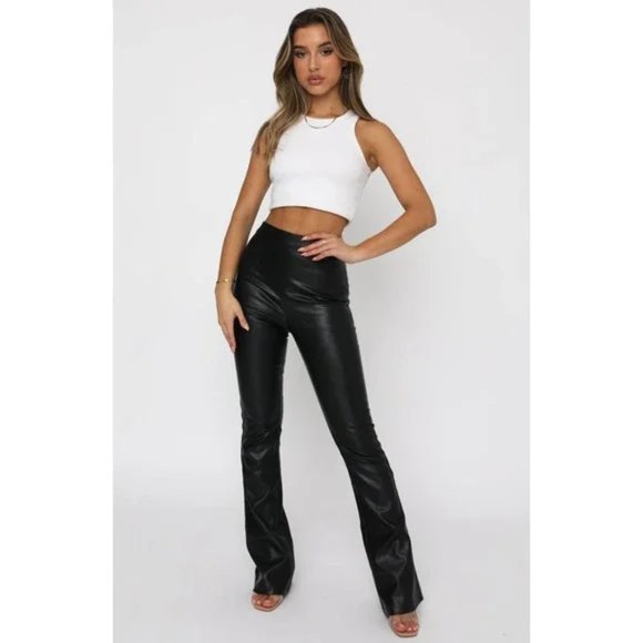 WHITE FOX NWT Show It Off Black PU Vegan Leather High Waist Flare Pants Small - Picture 1 of 11